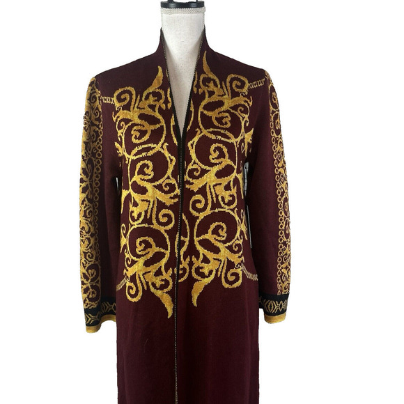 Vertigo Paris Gold Burgundy Motif Wool Open Front Long Cardigan Duster sz Small - Picture 2 of 16